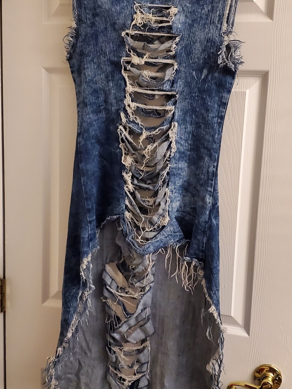 KROIX Womens M Distressed Denim Dress Acid Wash Shredded Hi Low